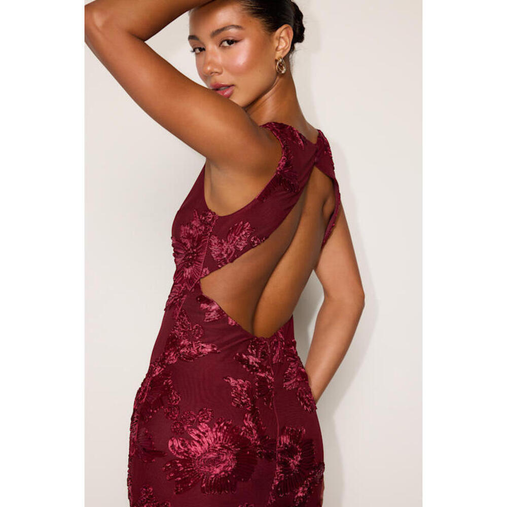 Lulus Taylin Berry Red Floral Applique Backless Midi Dress - Size S